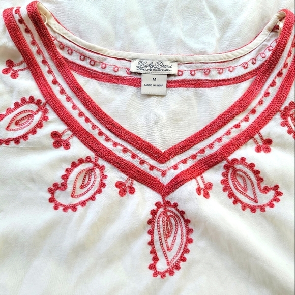 LUCKY BRAND TOPANGA DAYS BOHO White‎ and Red Embroidered Pesant Tunic/Top/Blouse - Picture 9 of 11